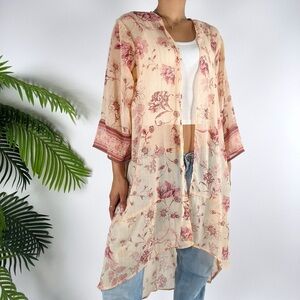 Maurices Sheer Floral Kimono 3X Cream Pink Boho Duster Lightweight Layering